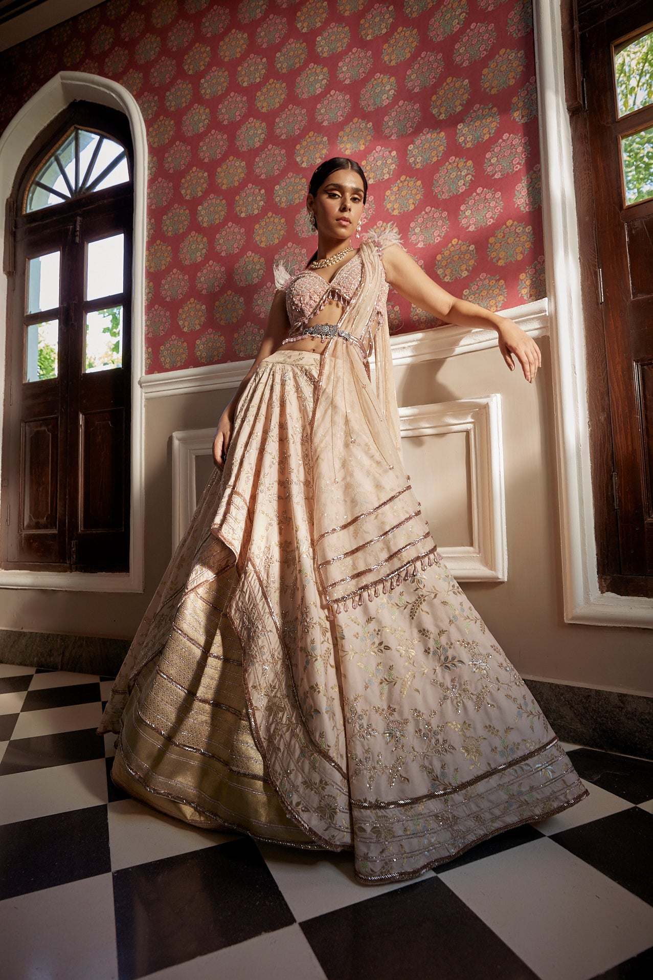 Women's Rose Pink Floral Lehenga Set frontview