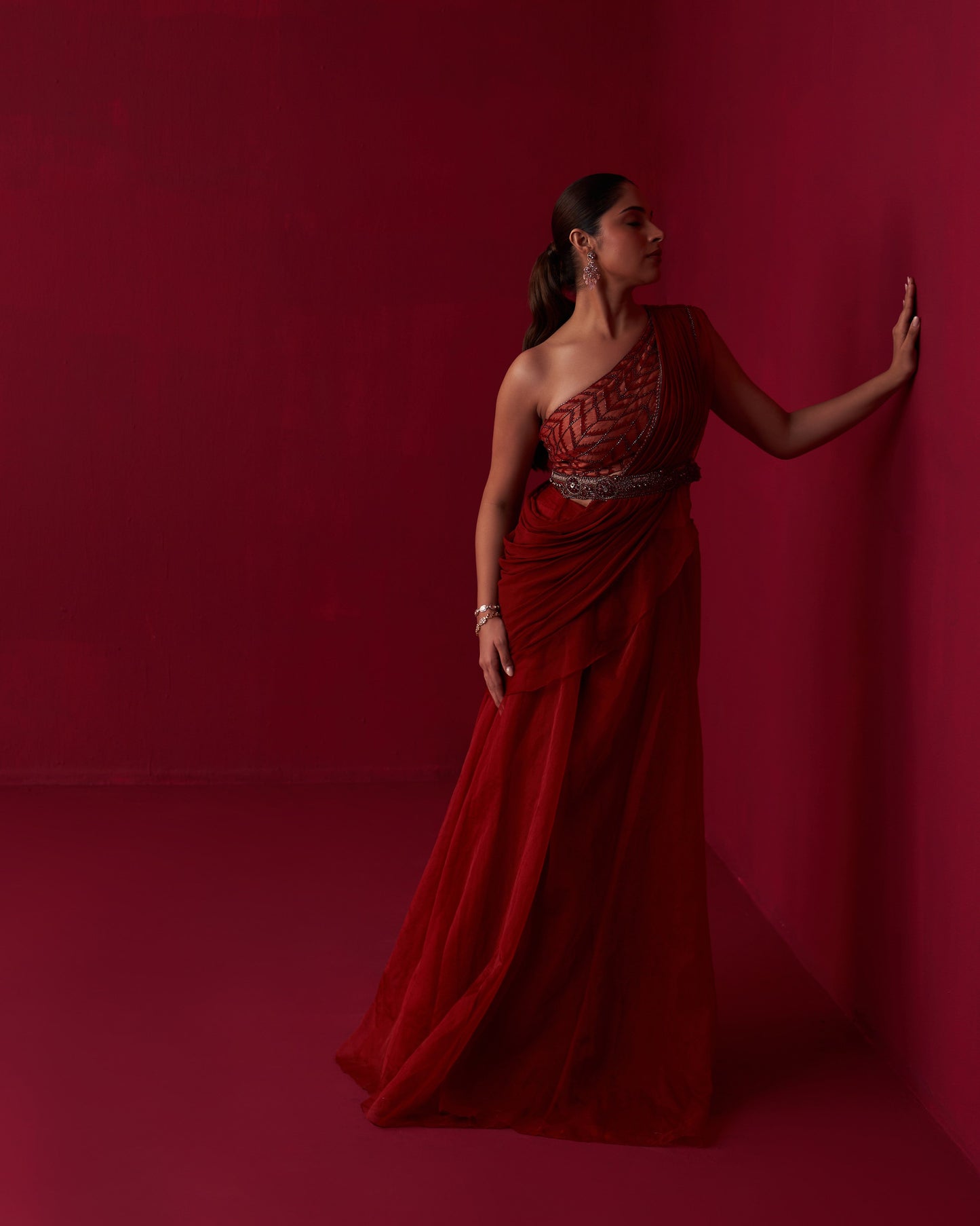 Red Glistening Waves Draped Top and Palazzo Set
