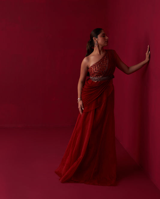 Red Glistening Waves Draped Top and Palazzo Set