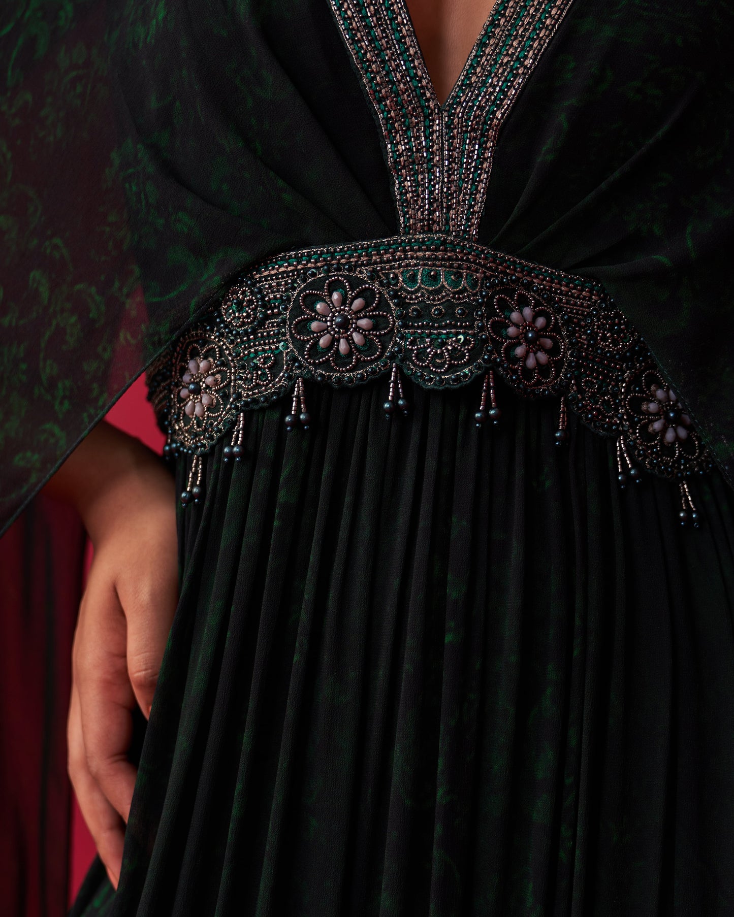 Green Georgette Dewdrop Kaftan