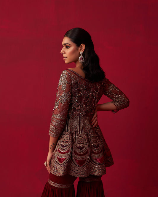 Maroon Glitch Gold Peplum Top Sharara Set