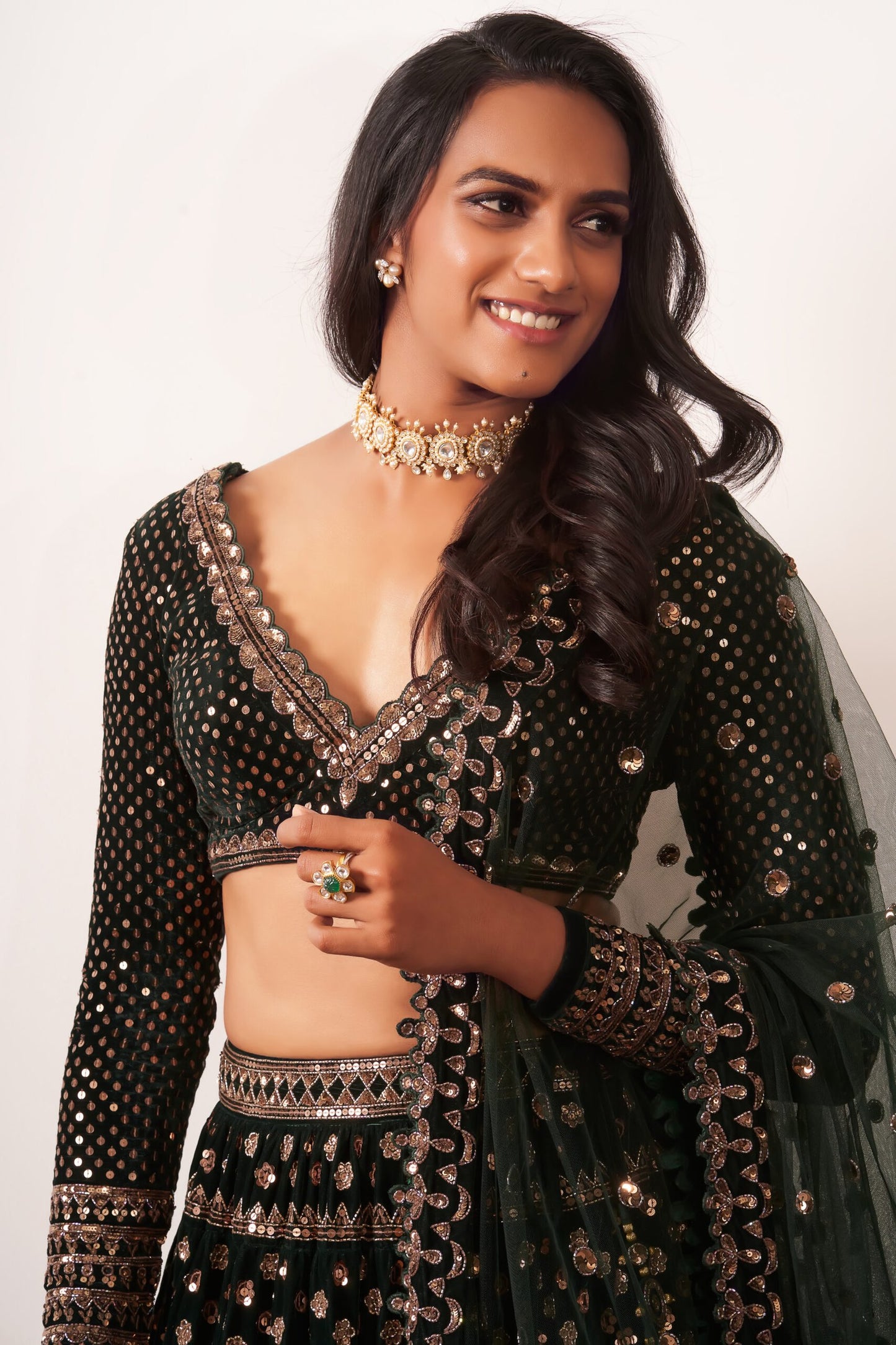 PV SINDHU In Deep Green Floral Lehenga Set