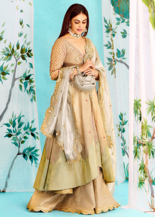 Genelia Deshmukh in our Pearl ivory silk Zari tissue jacket with sharara and Dupatta