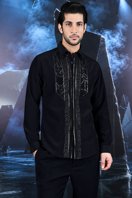 Black Geometric Panel Embellished Shirt
