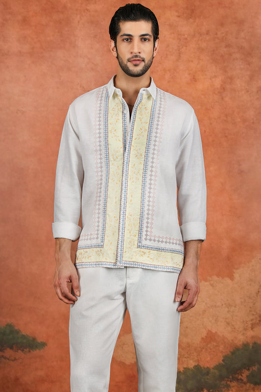 White Linen Heritage Border Embroidered Shirt