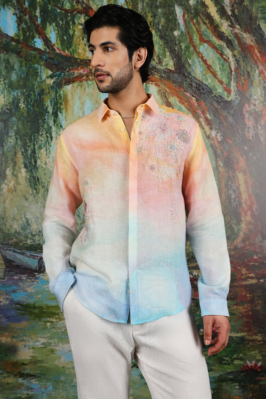 Pastel Ombre Linen Firework Embroidered Shirt