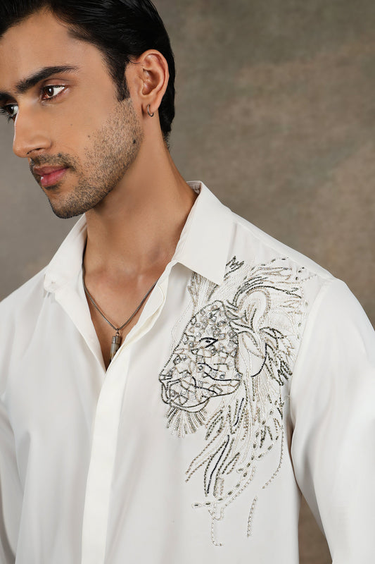 White Lion Head Embroidered Shirt