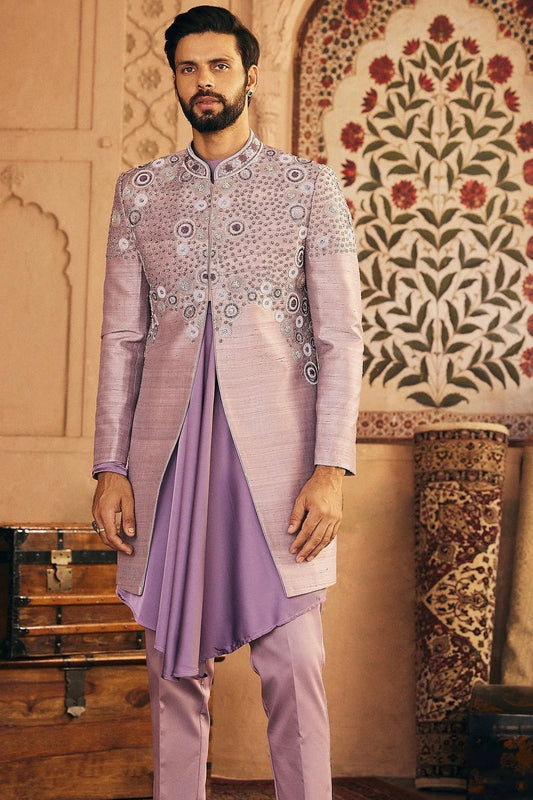 Lilac Embroidered Raw Silk Indowestern Set - Asuka Couture