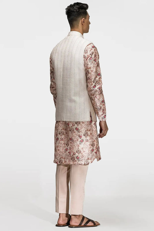 Printed Beige Kantha Stitch Work Bundi Set - Asuka Couture