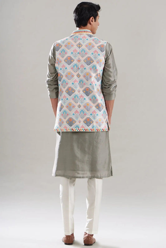 Multi-Colored Cotton Silk Printed Bundi Set - Asuka Couture