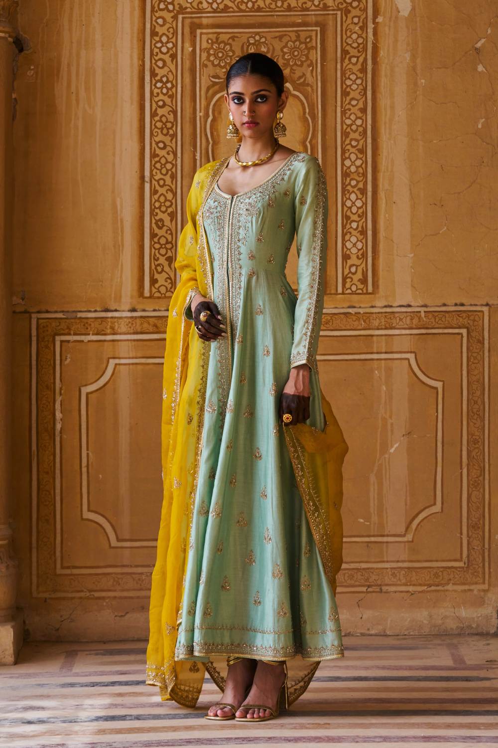 Aastha Sage Green Chanderi Silk Jacket Set