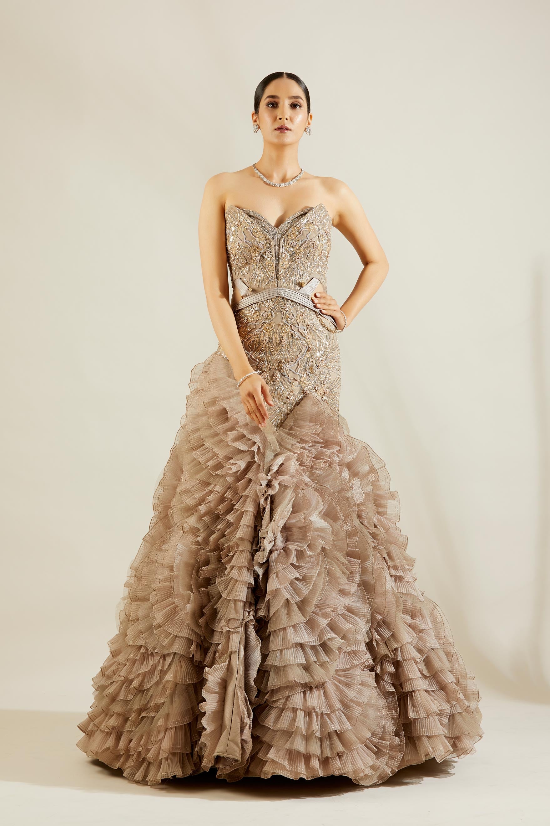 Abalon Grey Fish Cut Raw Silk and Organza Straplers Gown