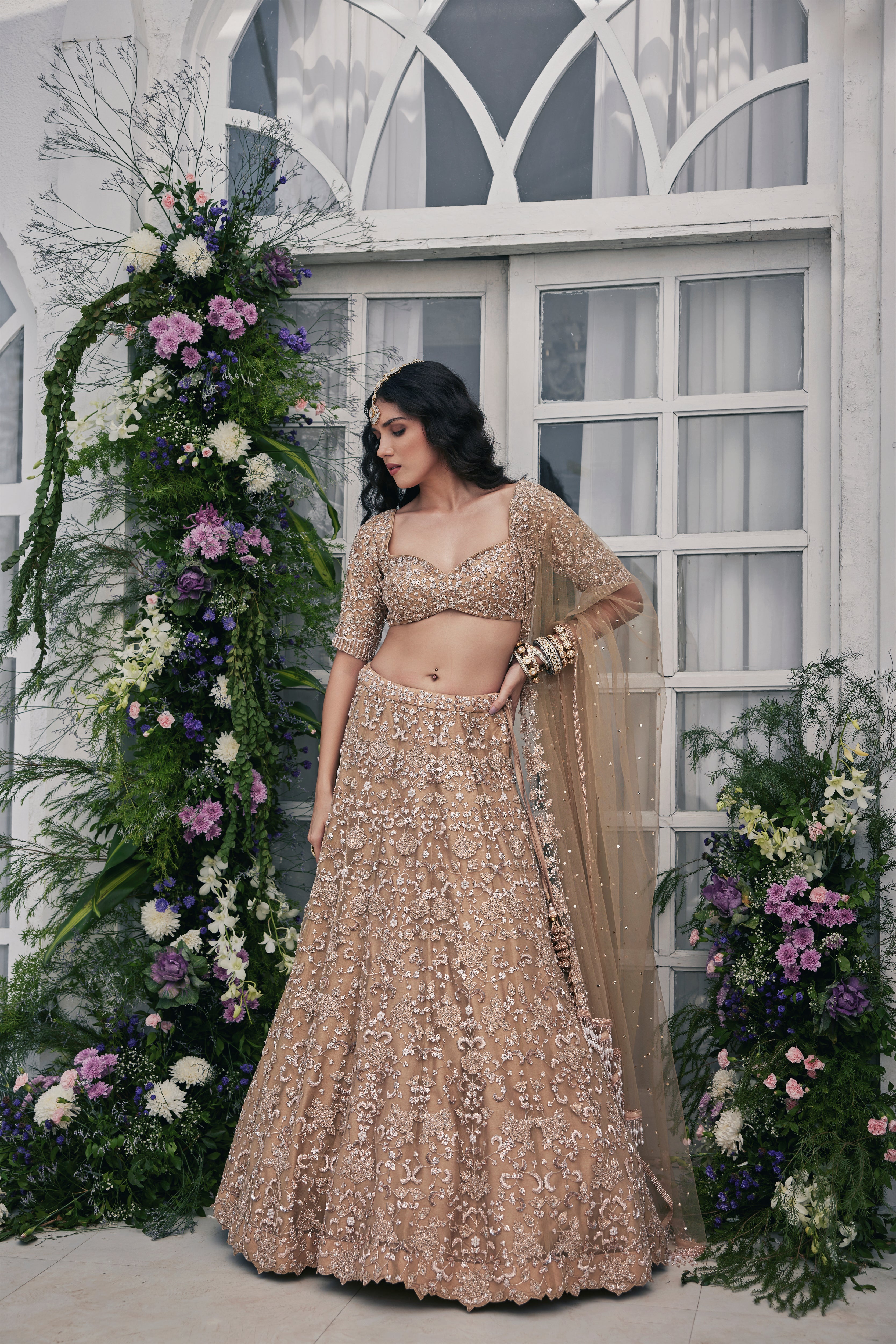 Adeeba Gold Embroidered Net & Silk Lehenga Set