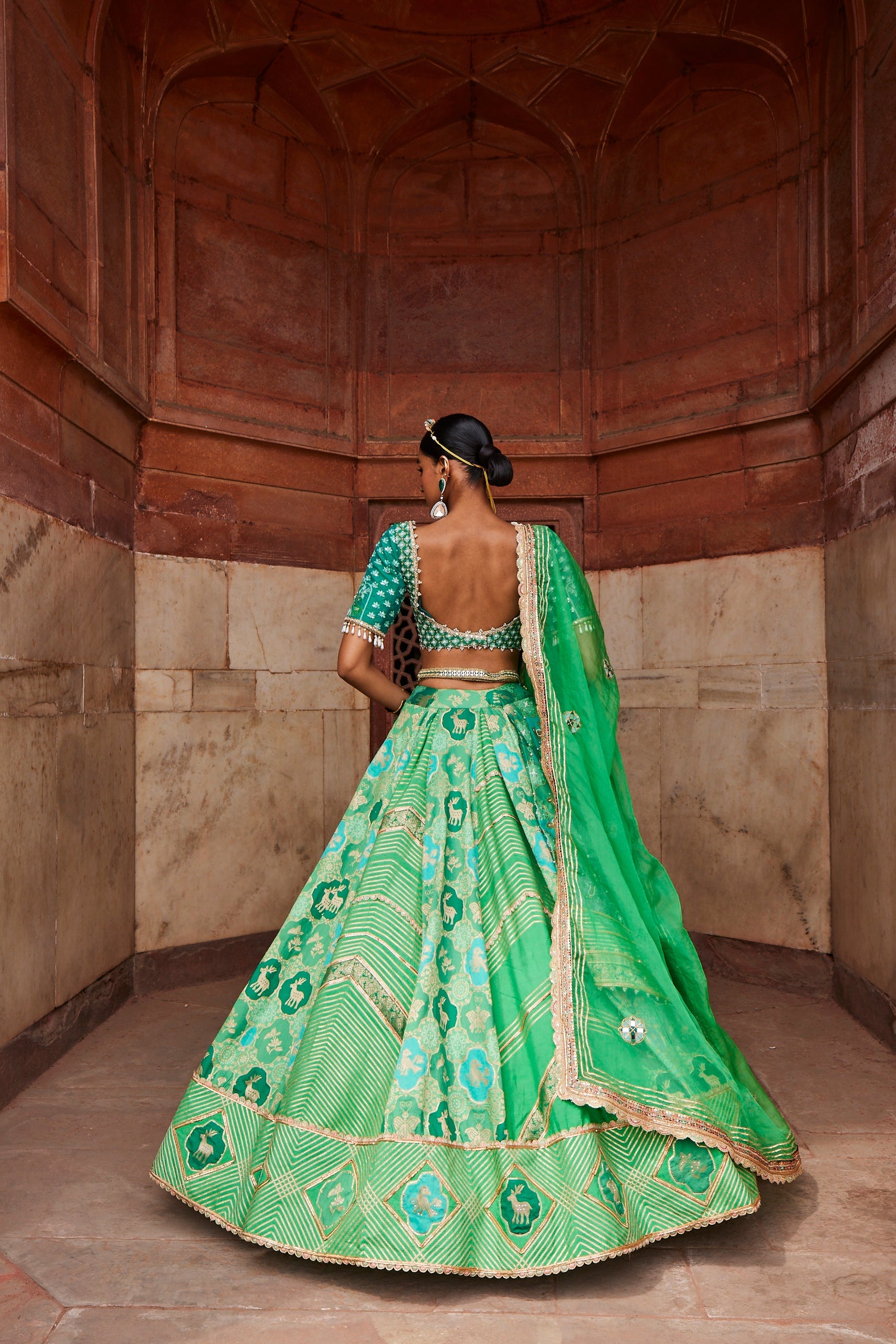 Women's Green Banarsi Woven Lehenga Set