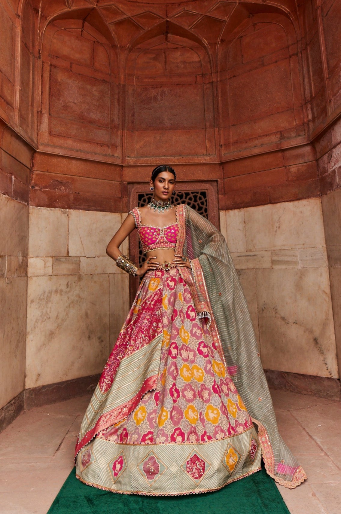 Women's Hot Pink Banarsi Woven Lehenga Set