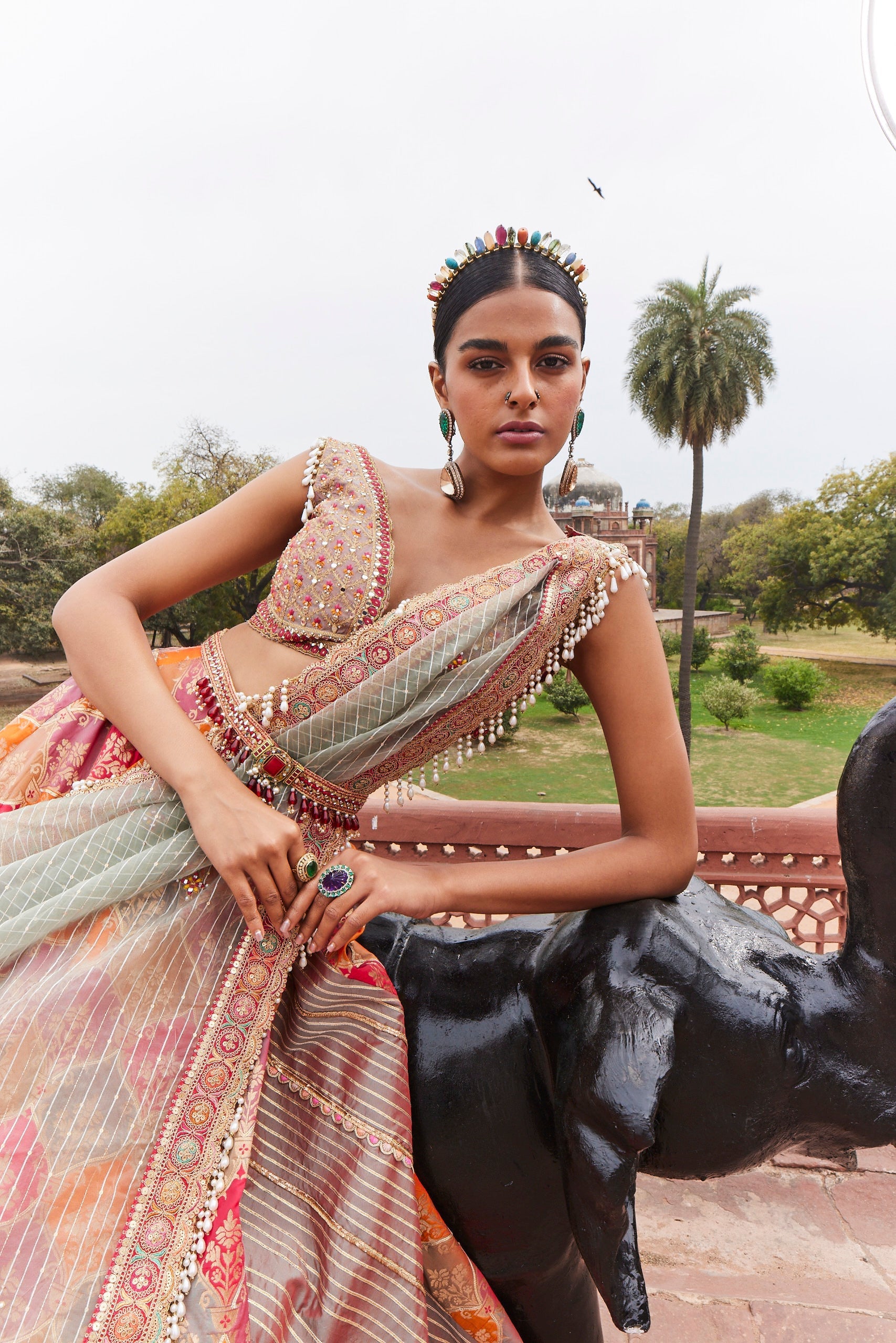 Women's Coral Woven Banarsi Chanderi Lehenga