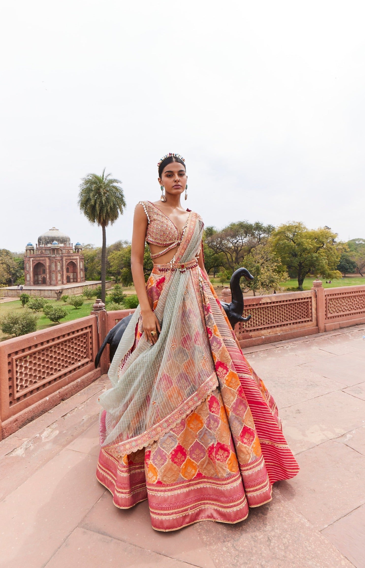 Women's Coral Woven Banarsi Chanderi Lehenga