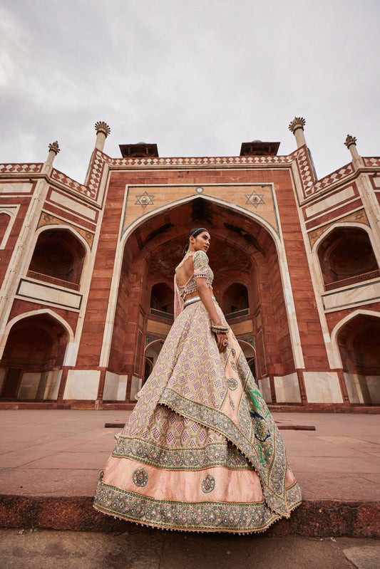 Women's Powder Pink Bandhani Banarasi Lehenga