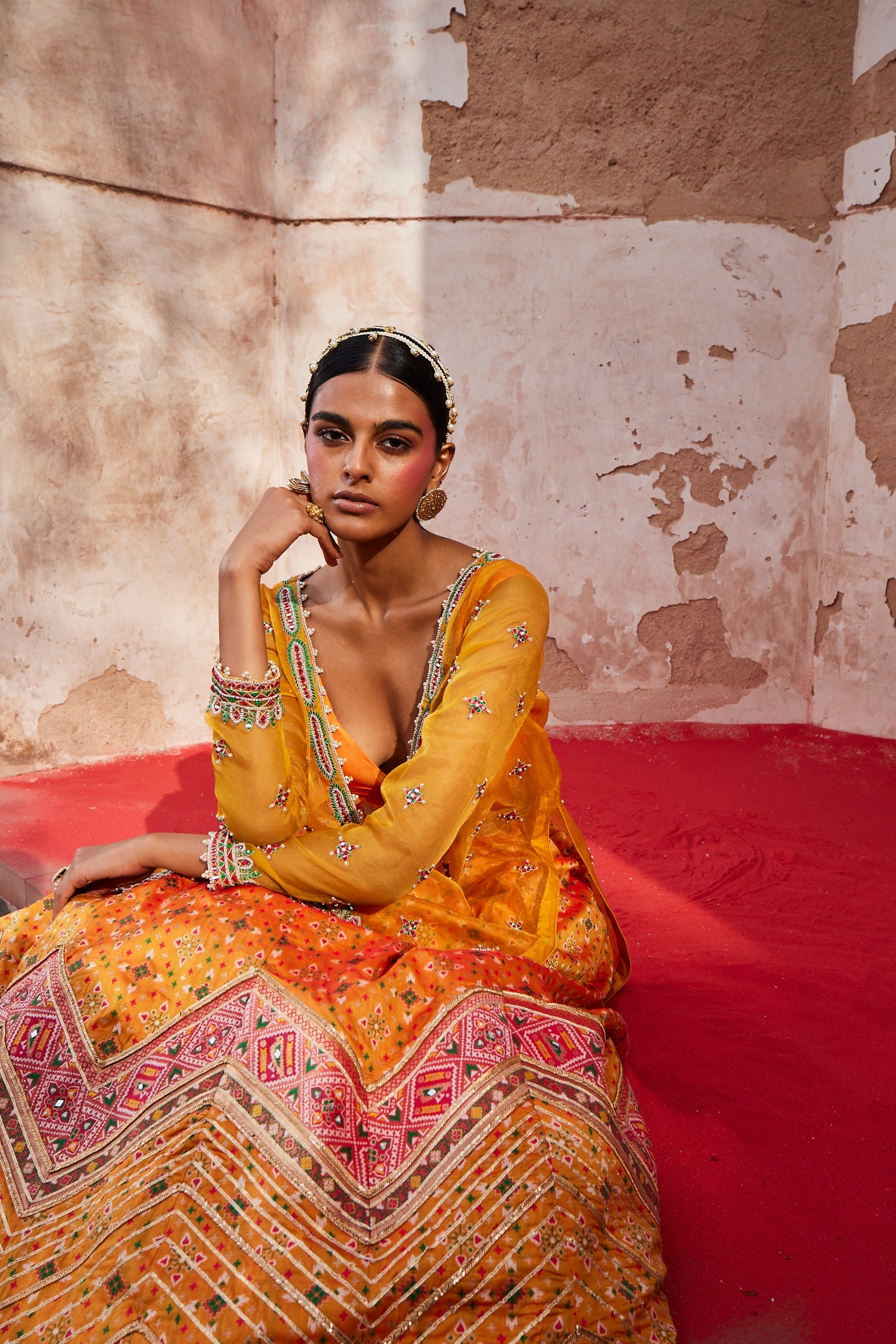 Women's Mustard Chevron Lehenga with Kurta