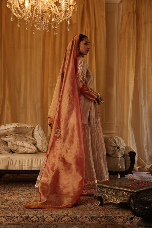 Rose Gold Pure Zari Tissue Short Kurta & Sharara Set