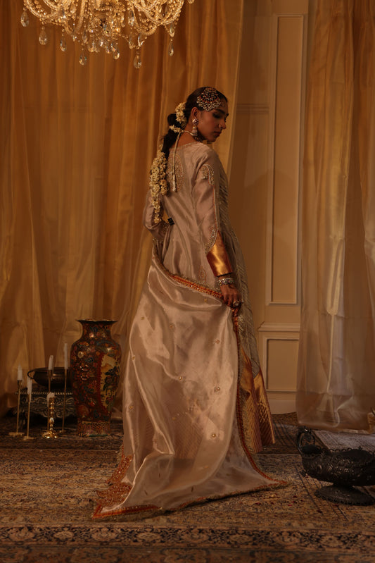 Rose Gold Pure Zari Tissue Anarkali Set