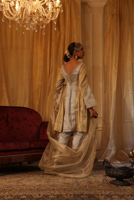 Gold & Silver Cotton Tissue Short Kurta & Straight Pants Set