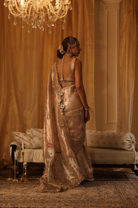 Rose Gold Pure Zari Tissue Saree Set