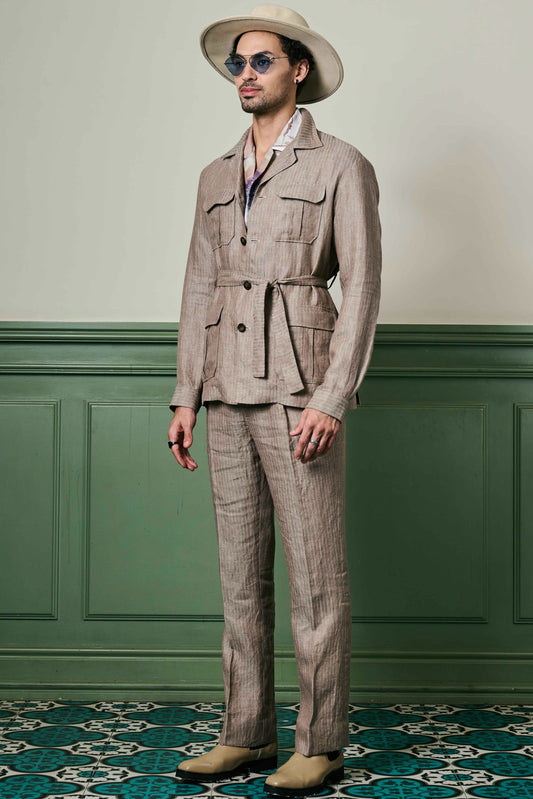 Affordable Herringbone Textured Linen Safari Suit