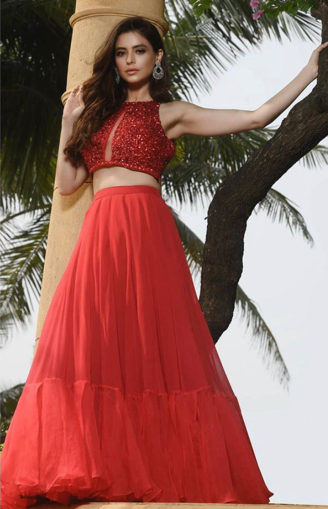 Amna Sharif Red Tonal Sequins Georgette and Organza Lehenga Set