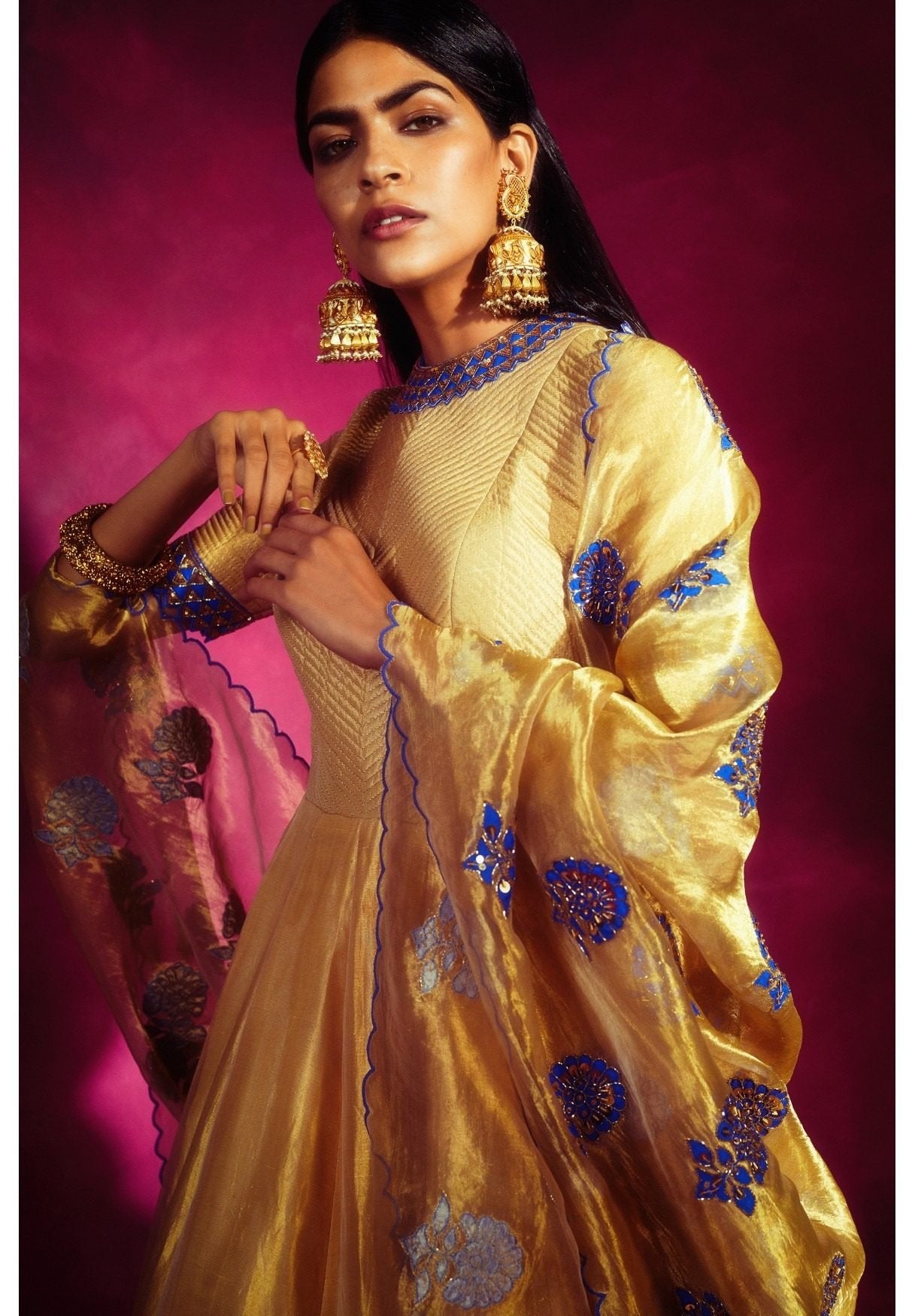 Gold Tissue Applique Anarkali Set