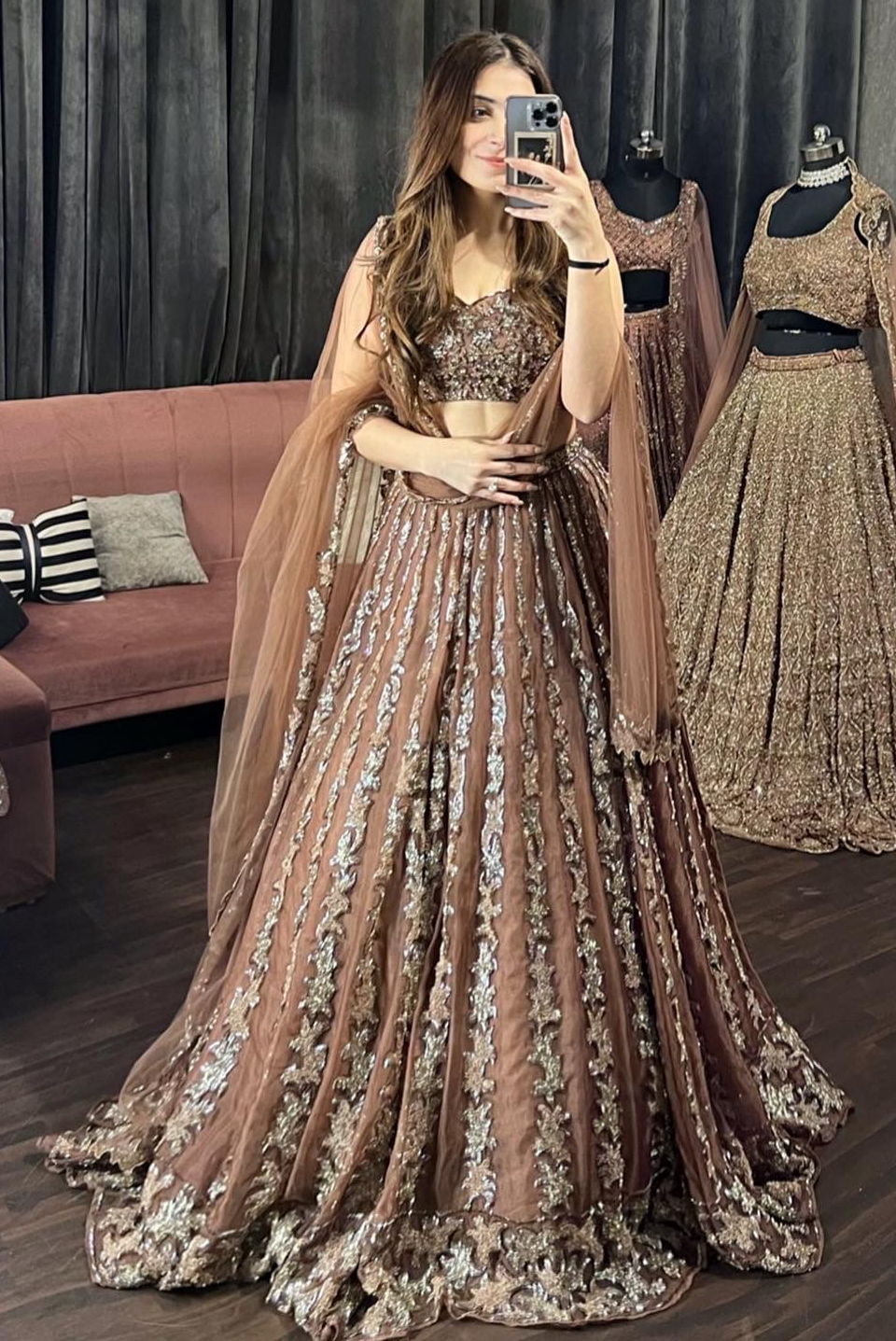 Angel Falls Brown Organza Hand Embroidered Lehenga Set