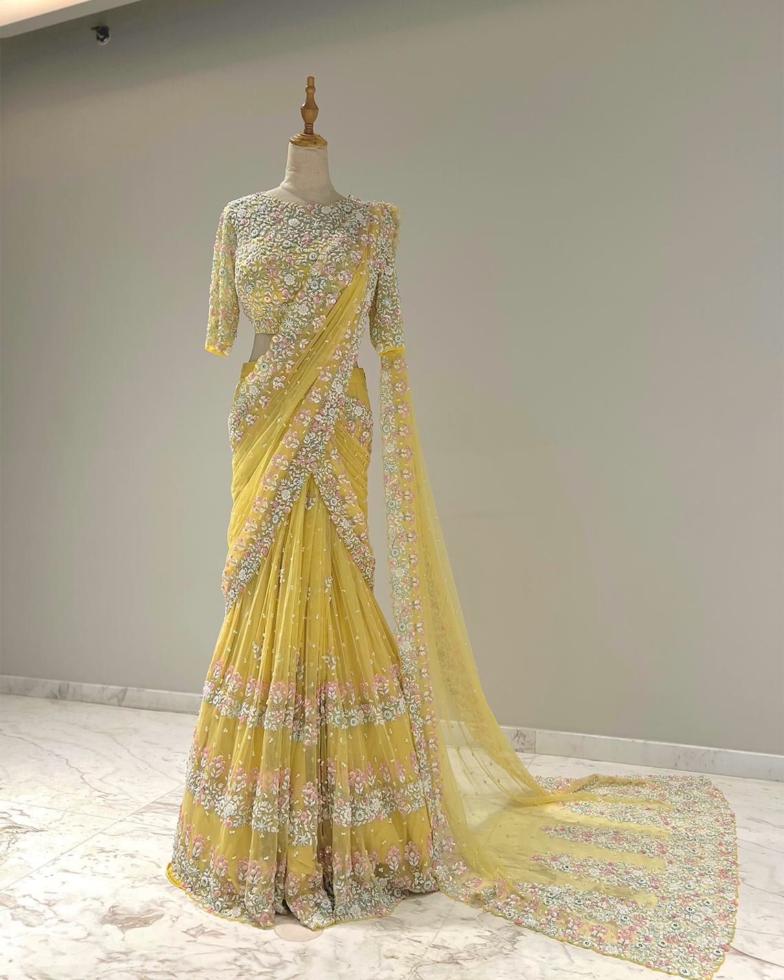 Angela Lime Yellow Soft Net Saree Set with Hand Embroidered Pearls & Beads