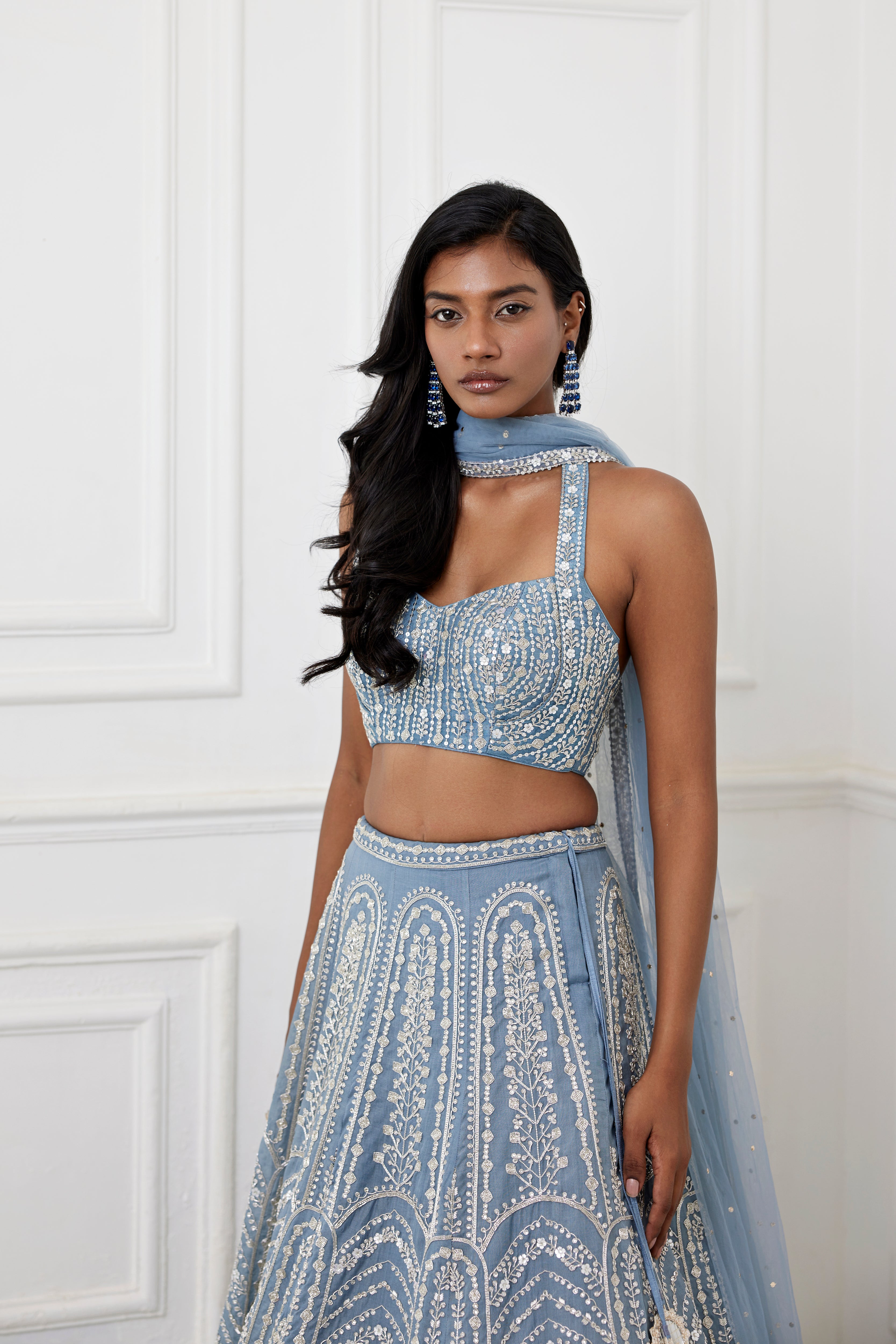 Anita Grey Organza Silk Net Embroidered Lehenga with Zardosi & Stone Detailing