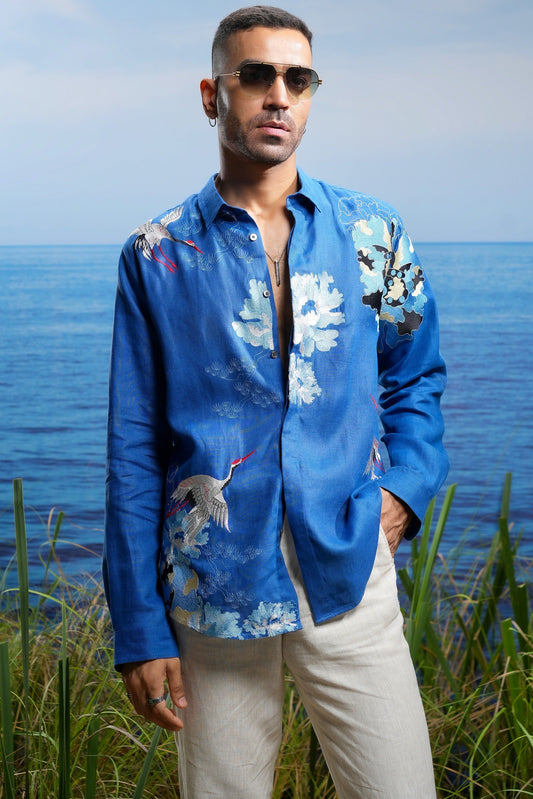 Blue Crane Tapestry Embroidered Linen Shirt