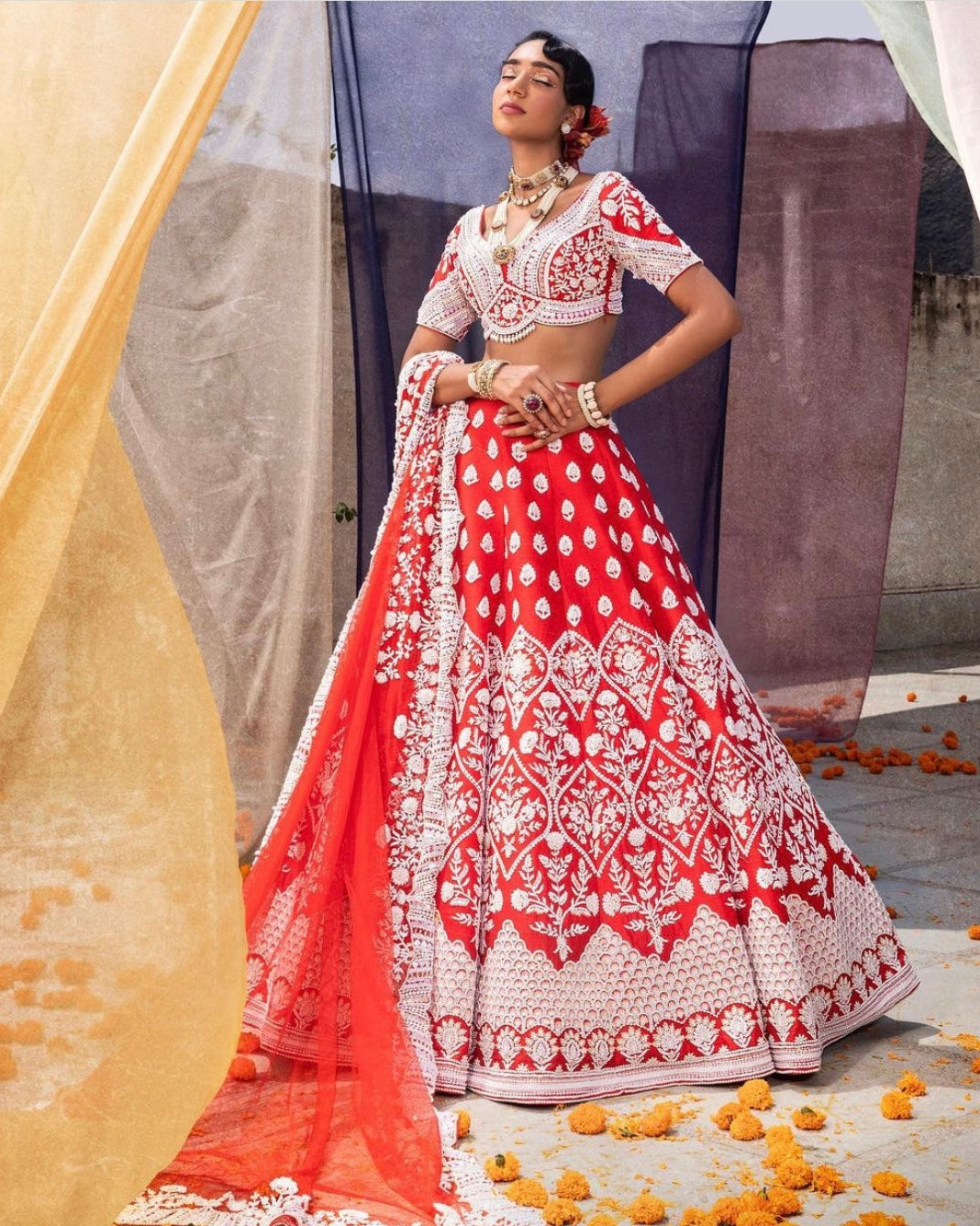 Autumn Red Raw Silk Bridal Lehenga Set with Pearl & Sequin Embroidery