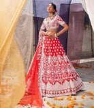Autumn Red Raw Silk Bridal Lehenga Set with Pearl & Sequin Embroidery