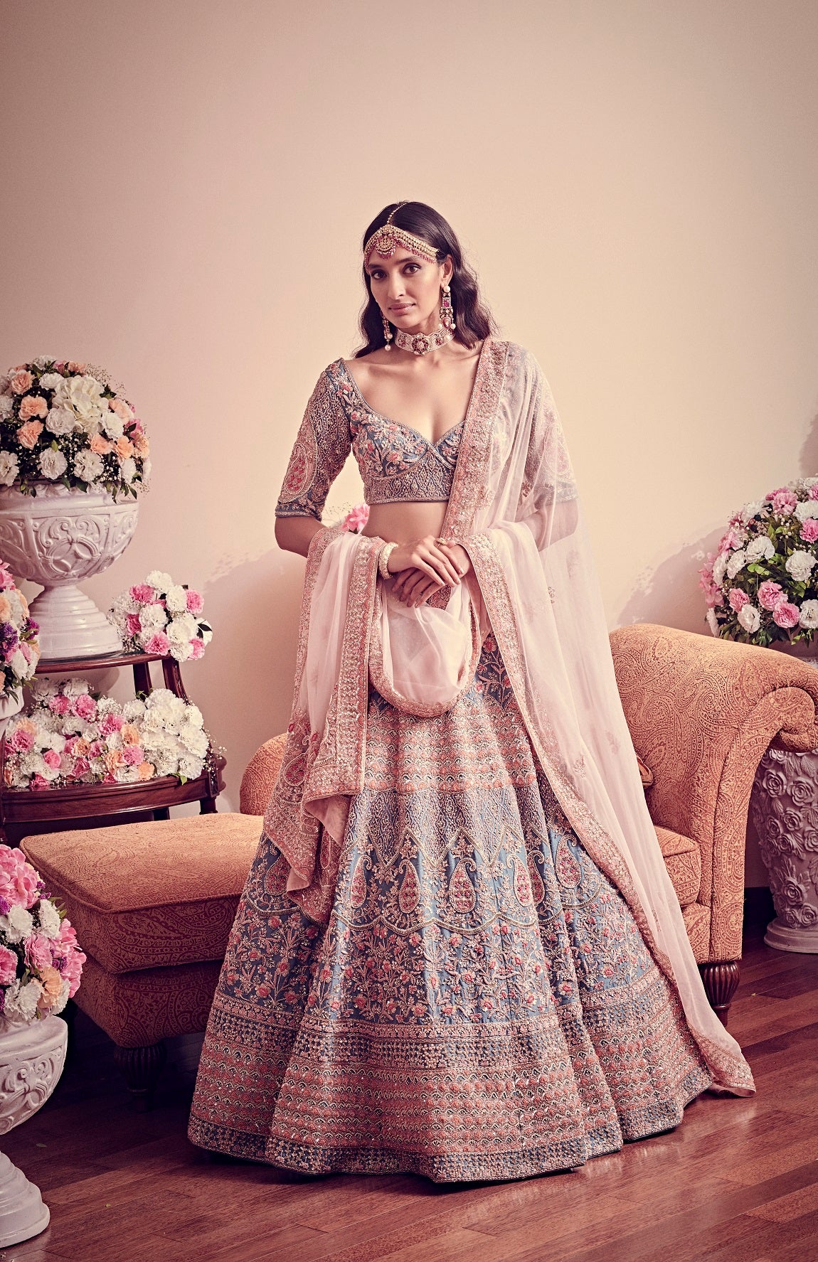 Avant Garde Blue Lehenga with Embroidered Blouse & Double Dupatta