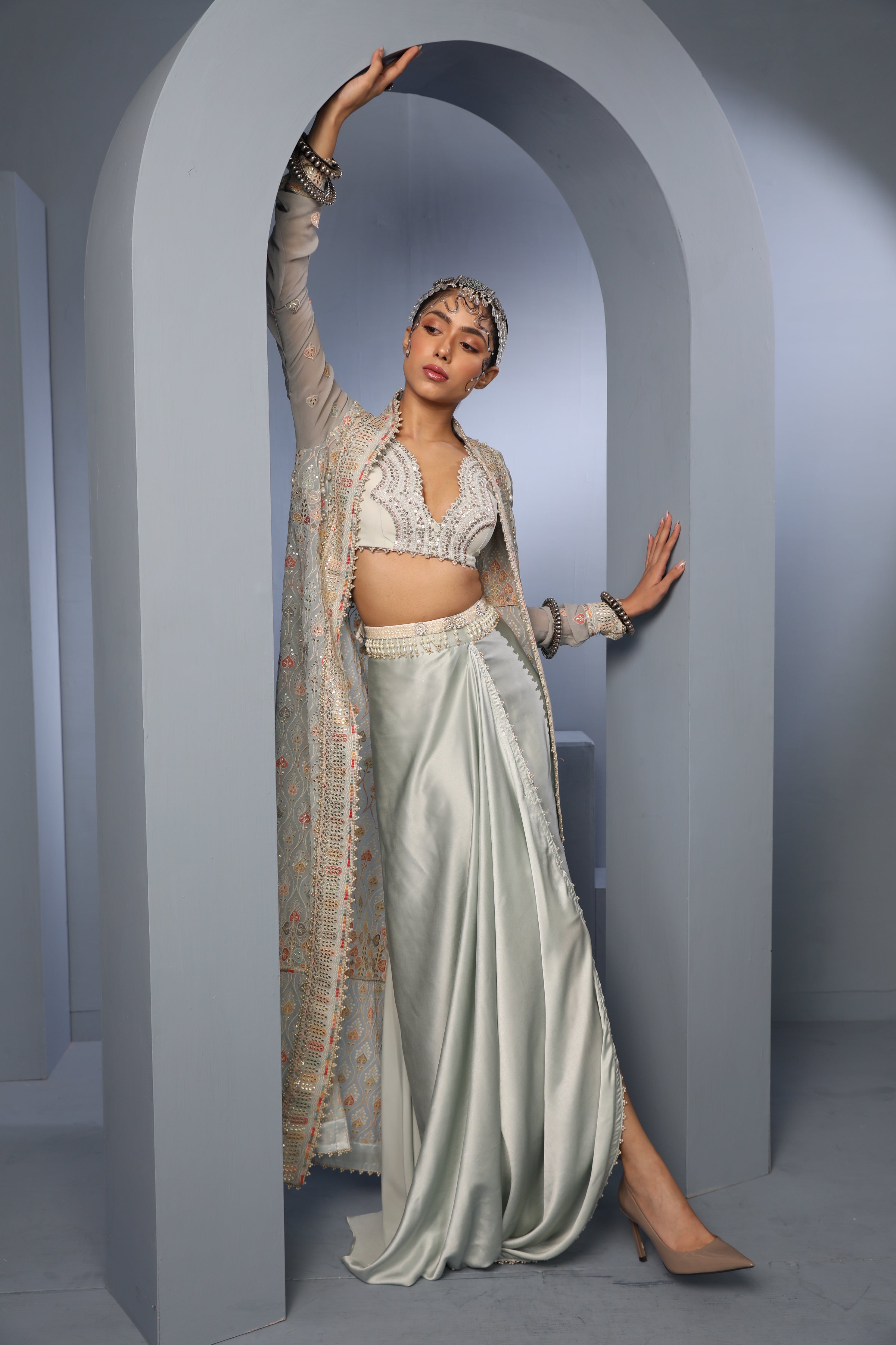 Powder Blue Embroidered Draped Cape-Skirt