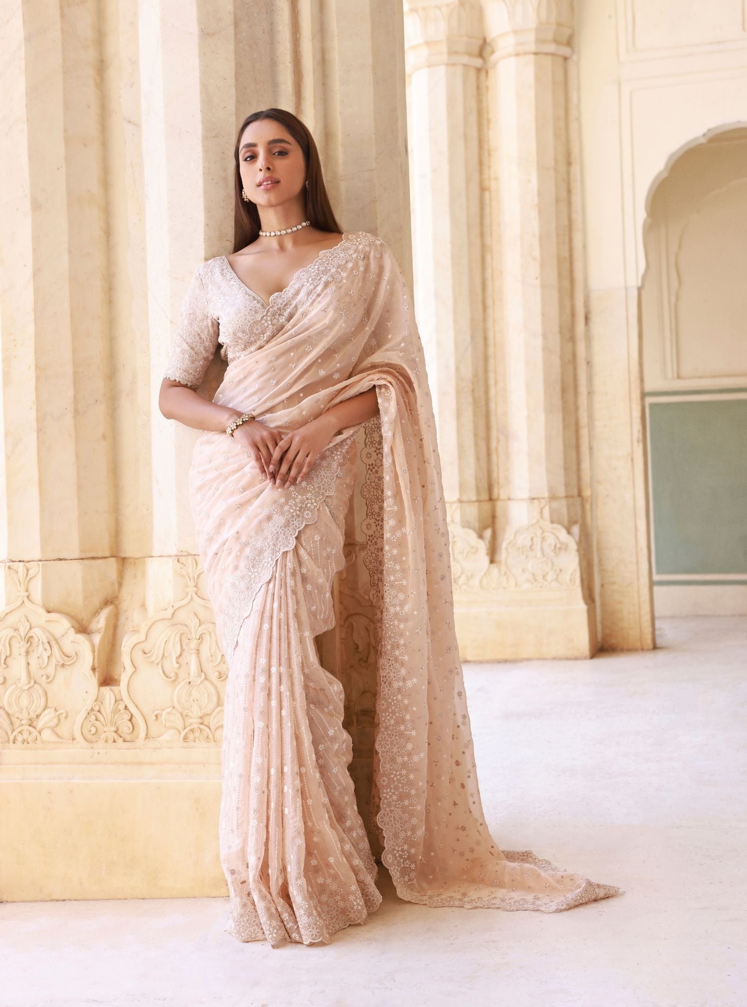Beige Organza Embroidered Ahlira Saree