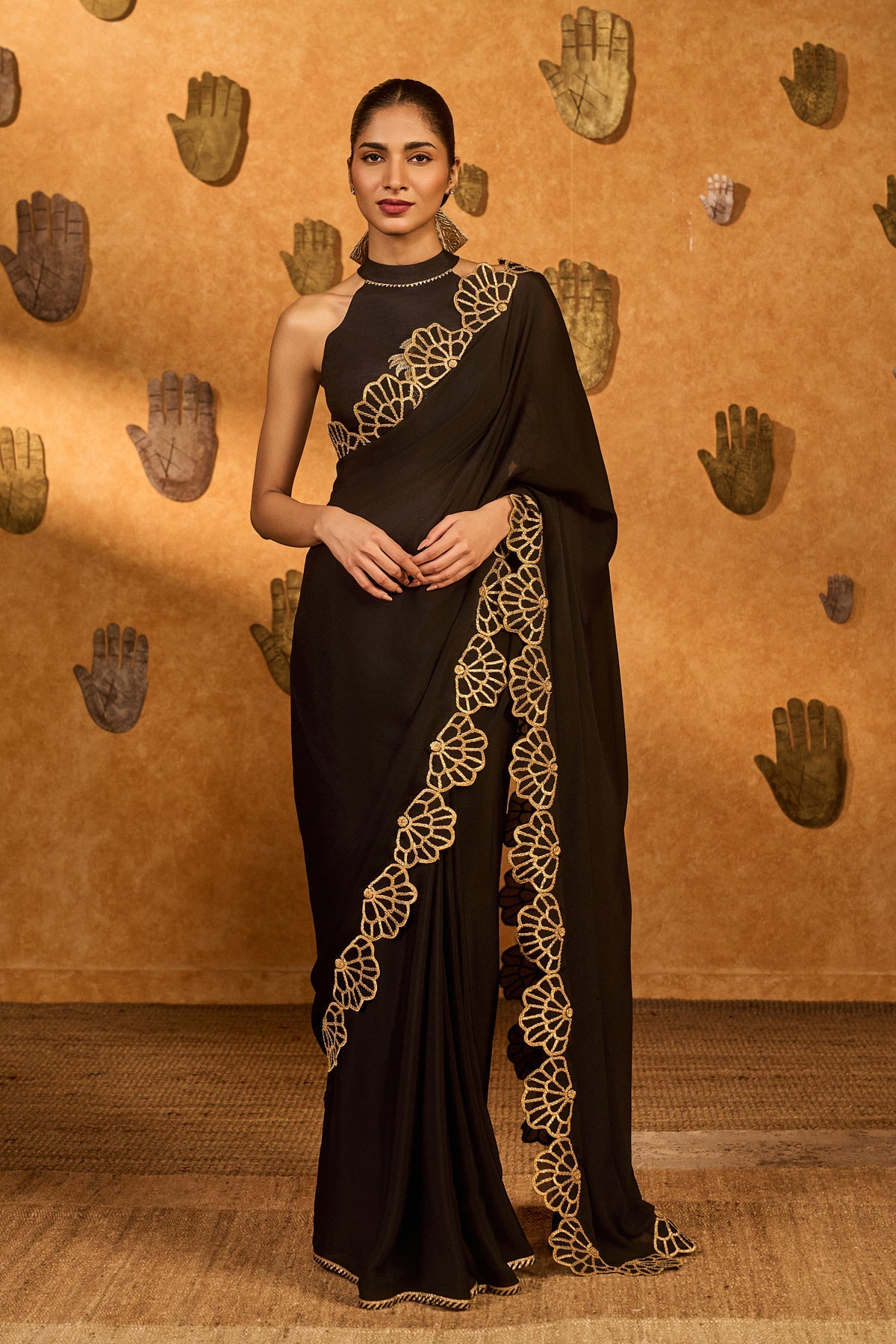 Black Chiffon Gota Embroidered Windrose Saree Set