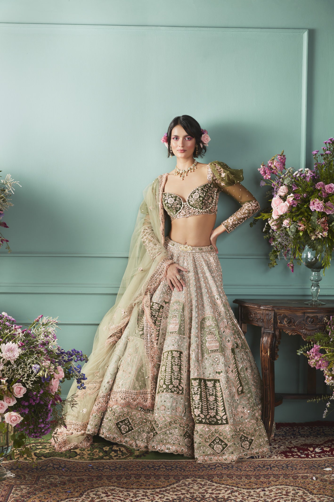 Black & Green Raw Silk Lehenga