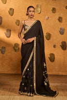 Black Raw Silk Ombre Foil Printed Saree Set