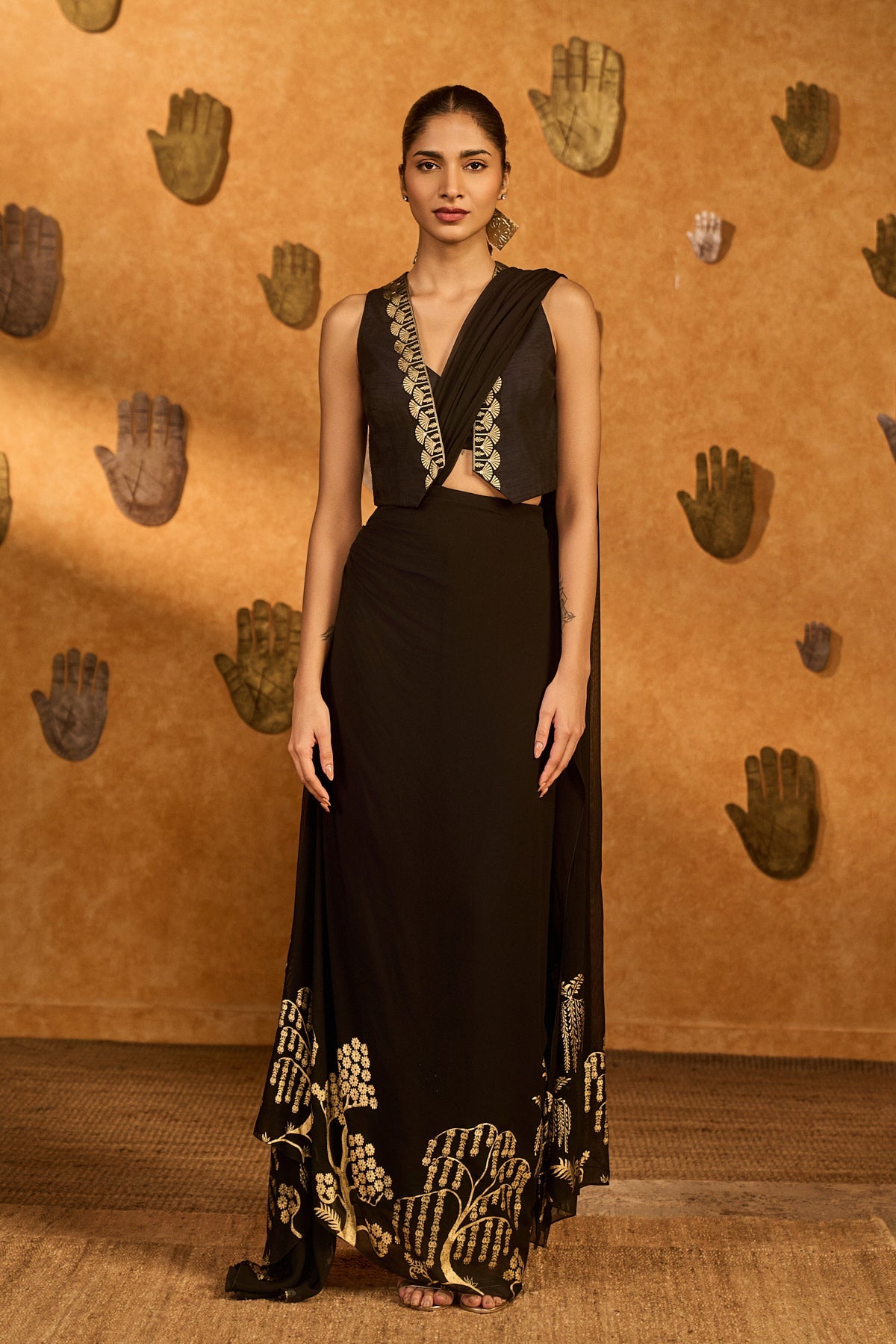 Black Zen Stitched Saree Fusion Set