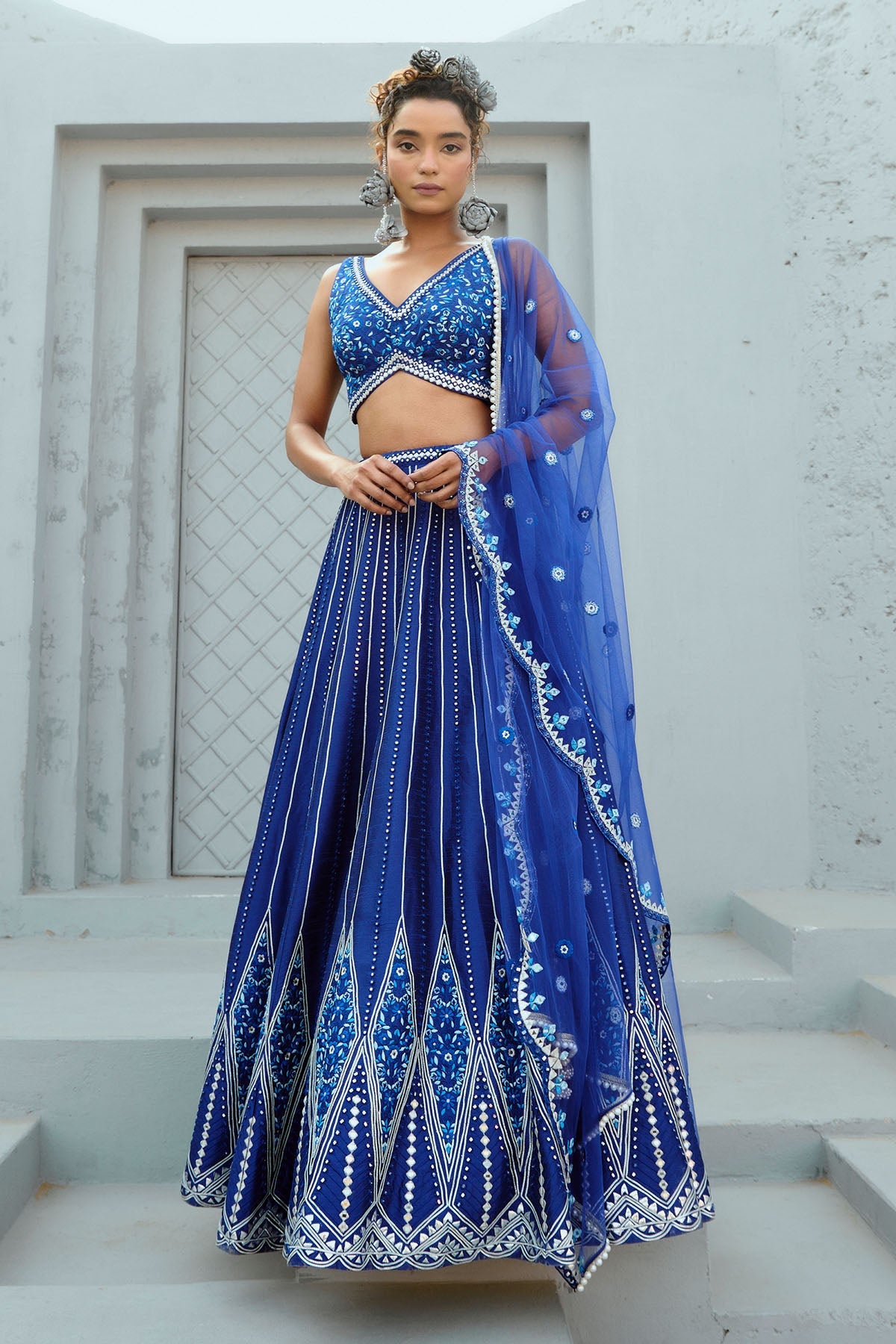 Blue Dupion Silk Floral Sunflower Lehenga Set