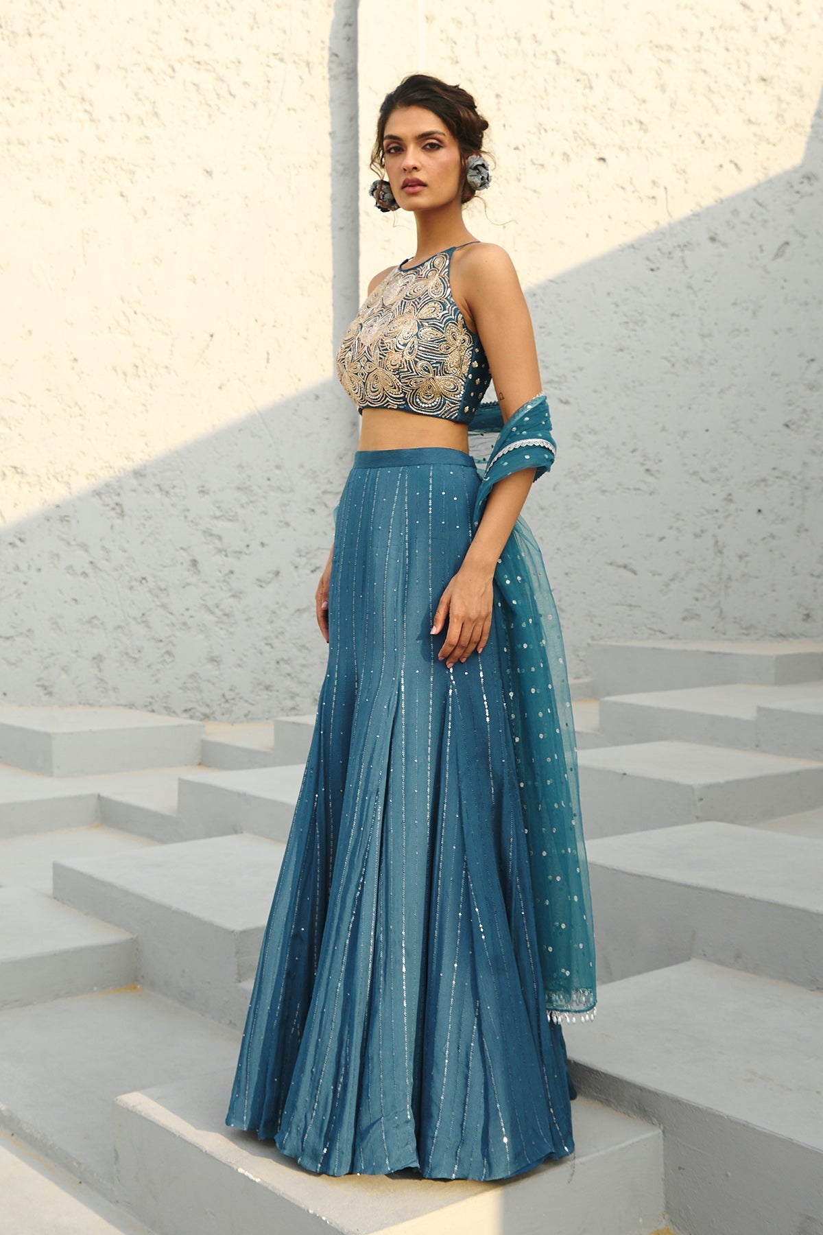 Blue Georgette & Raw Silk Glass Bead Embellished Mermaid Skirt Set