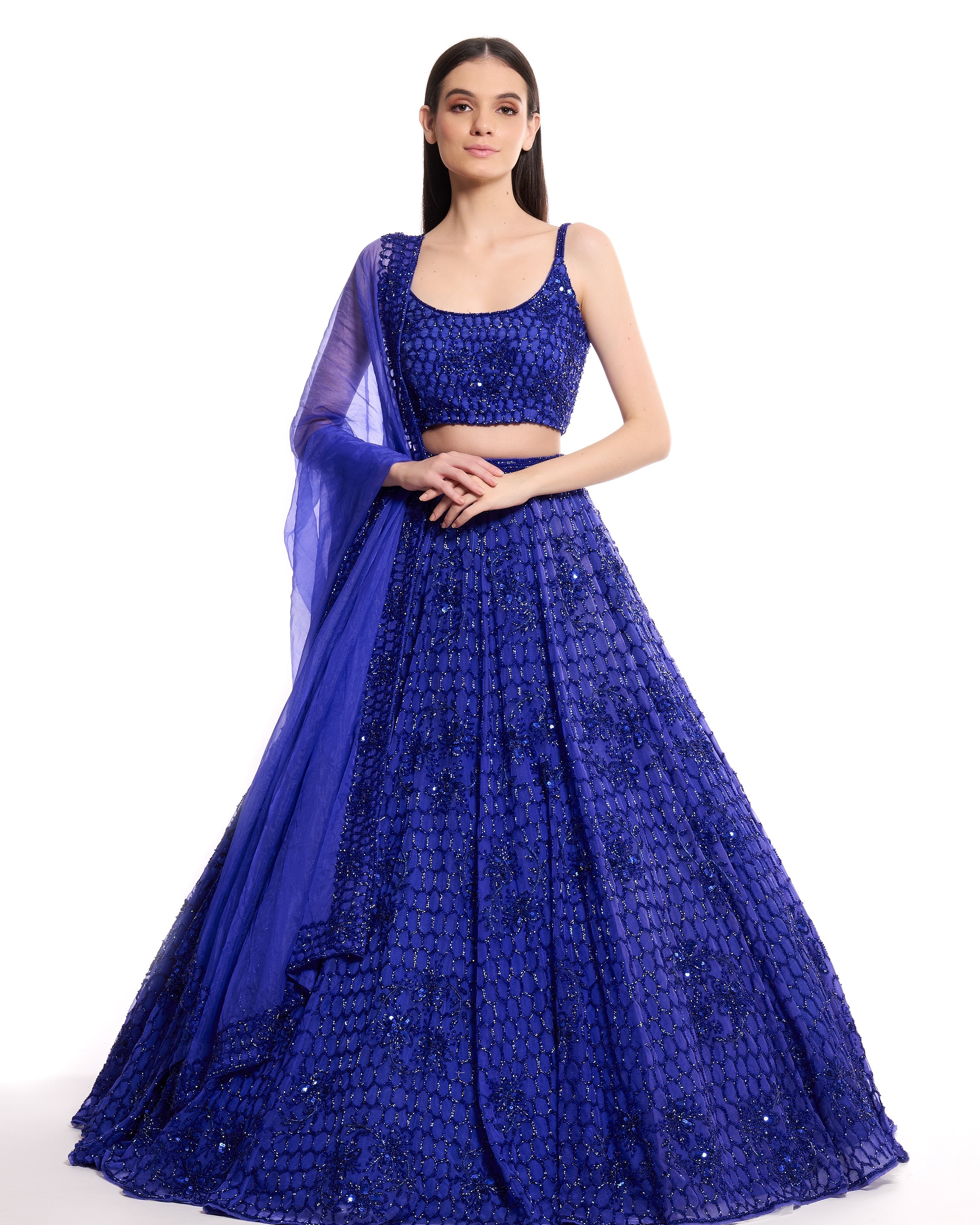 Blue Organza Electric Love Embroidered Lehenga Set