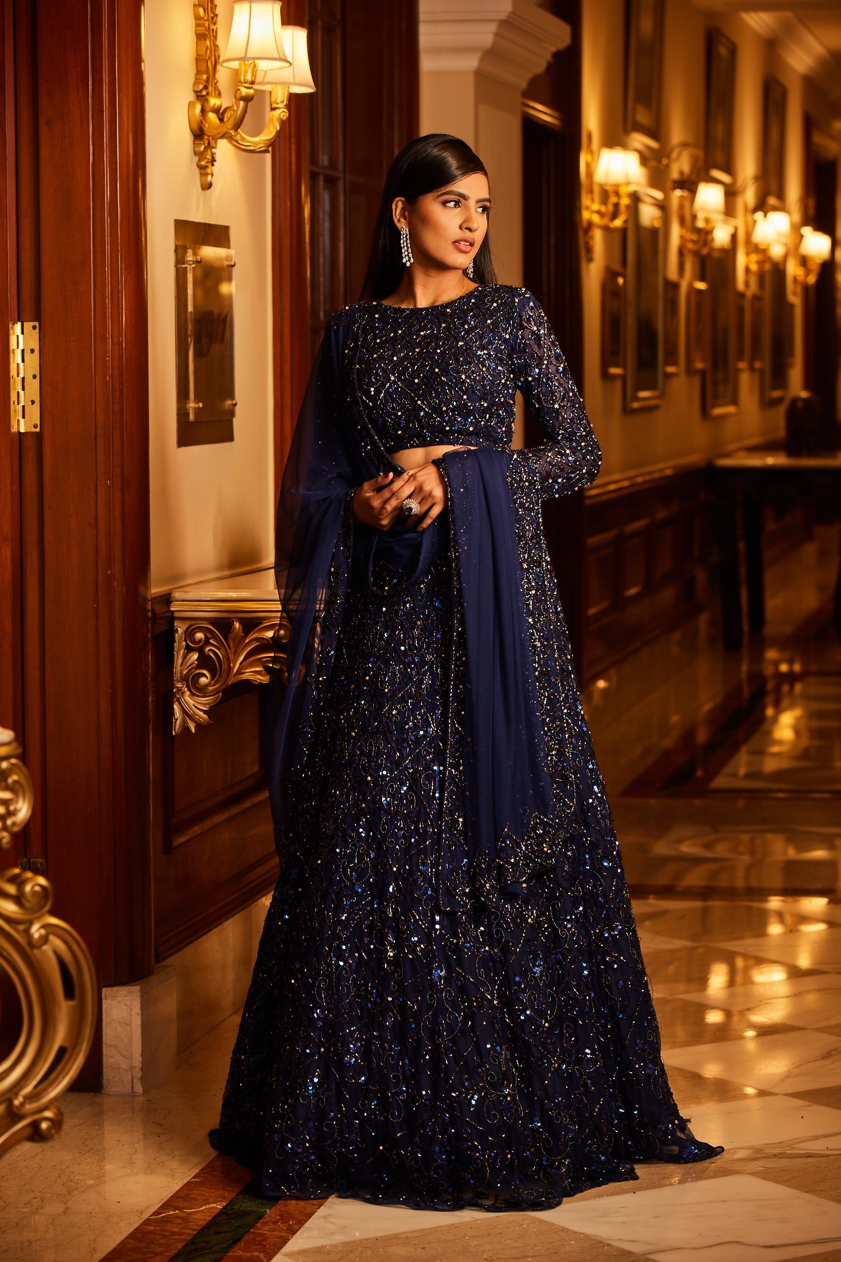 Blue Tulle Hand Embroidered Stone & Sequin Lehenga Set