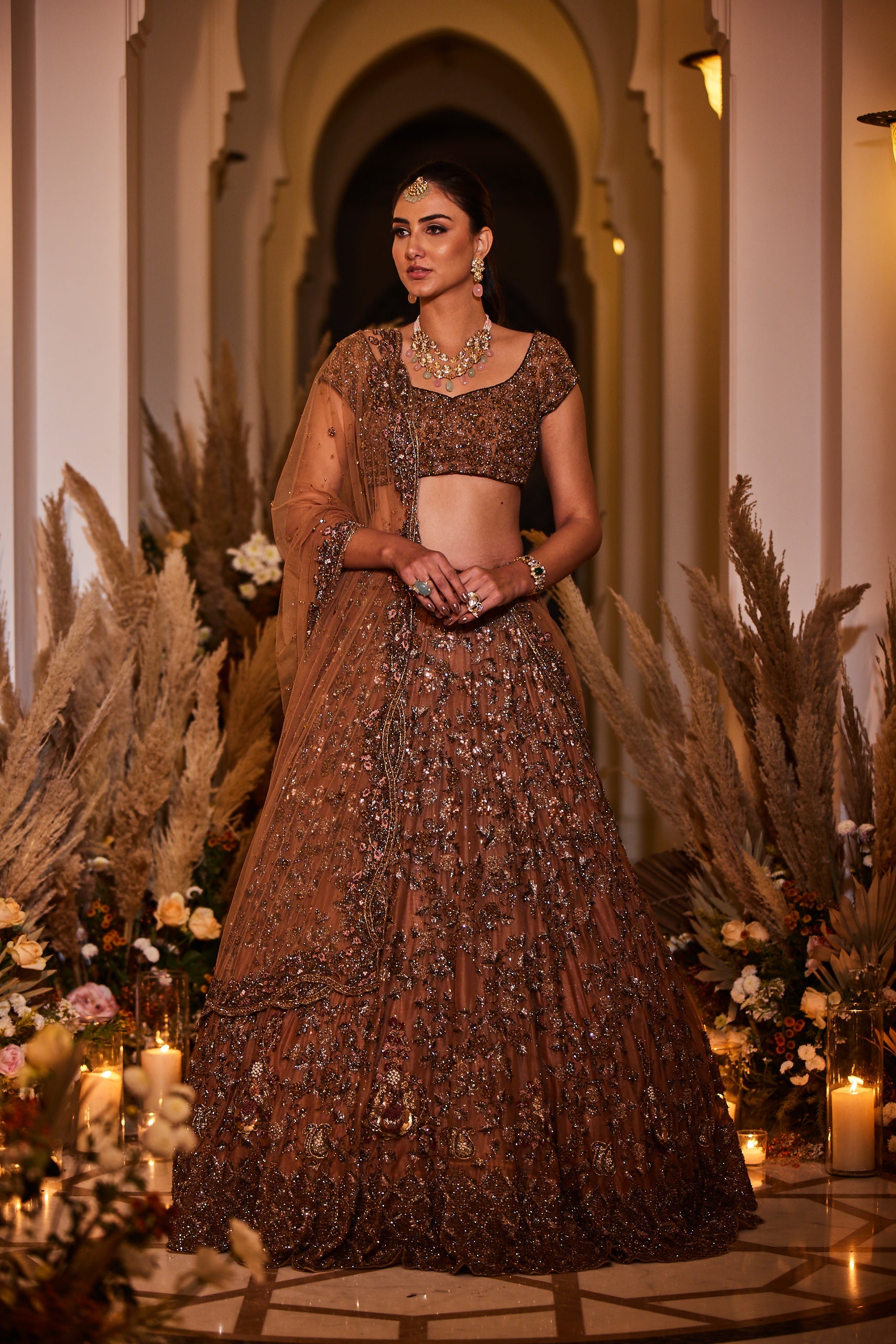 Brown Sunset Organza Hand Embroidered Lehenga with Crystal & Zari Embroidery