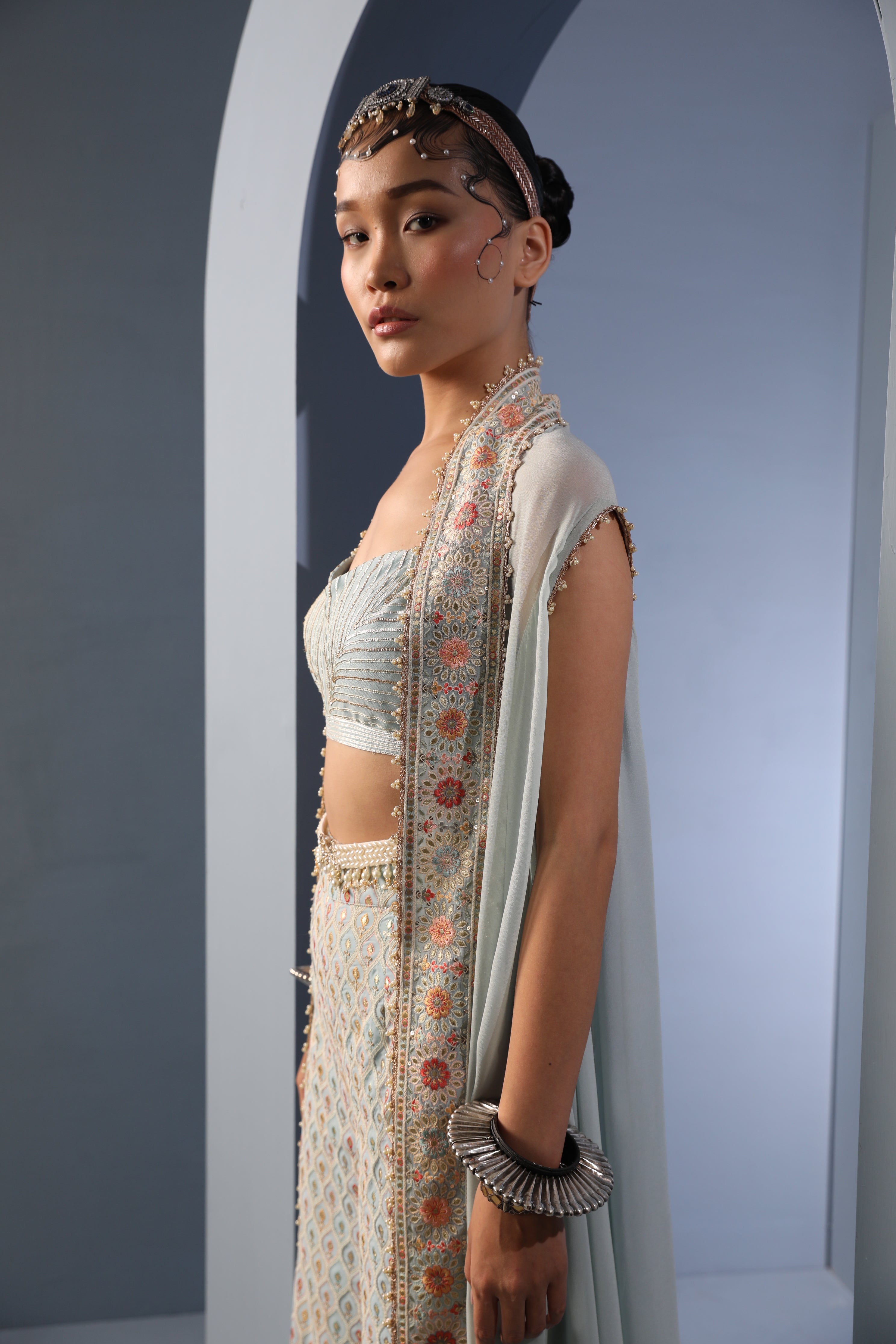 Women's Powder Blue Floral Cape-Palazzo