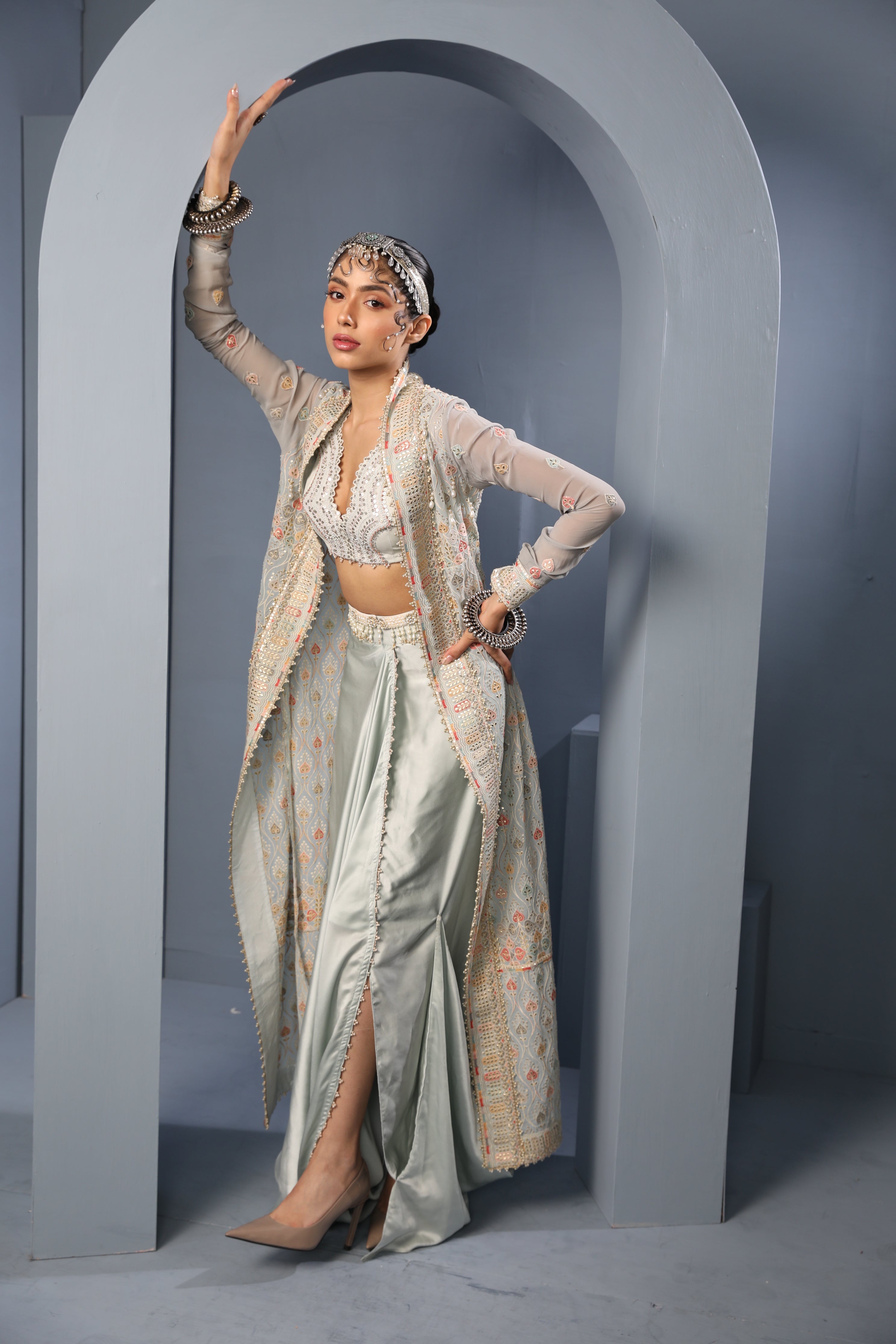 Powder Blue Embroidered Draped Cape-Skirt